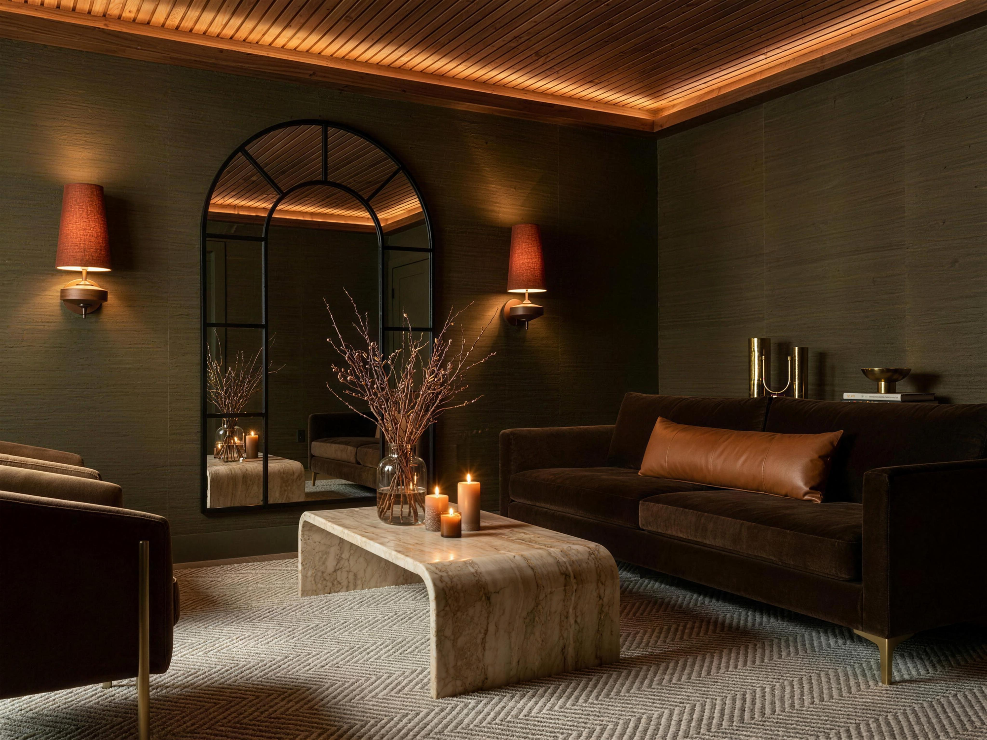 Korhonen Cloth Cone wall sconces in a warm, dark living room
