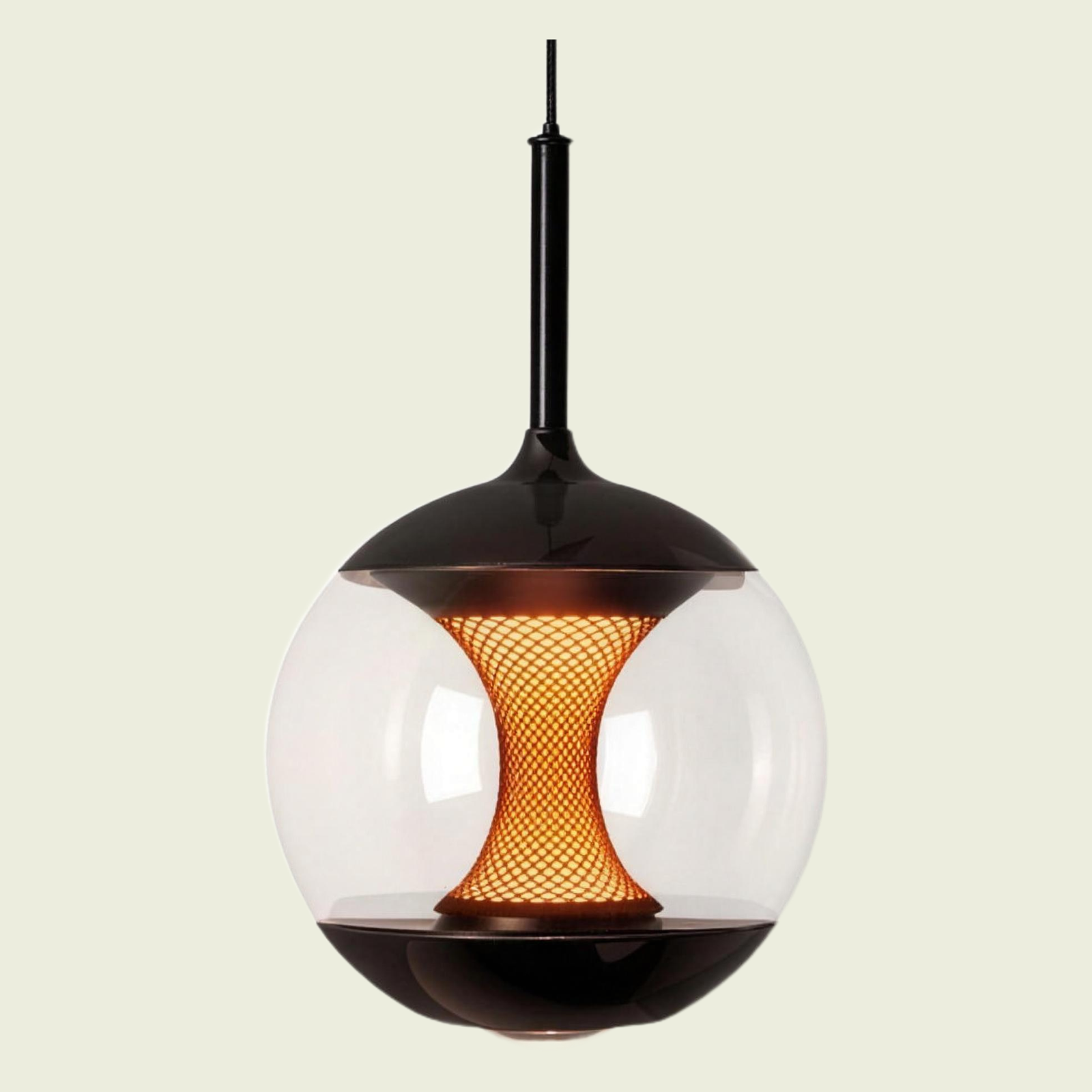 Clear glass globe pendant with amber glow core on a cream background