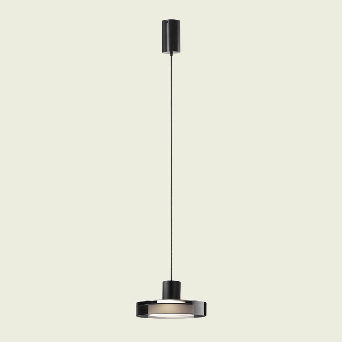 Smoke grey glass pendant light with opal diffuser and black canopy, full drop, front view