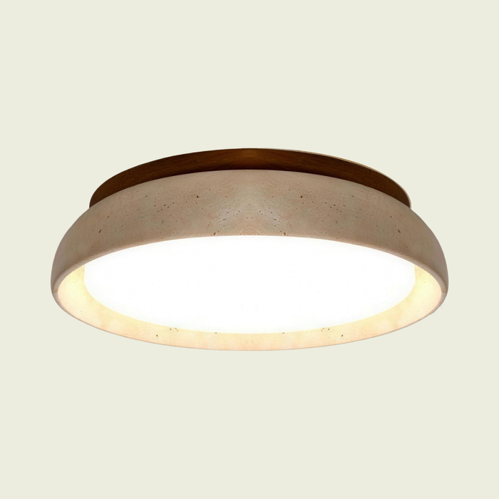 Wood frame ceiling light with travertine band on a cream background