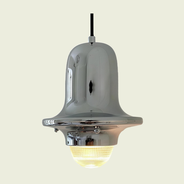 Chrome Bell Pendant Light with ribbed glass diffuser, lit