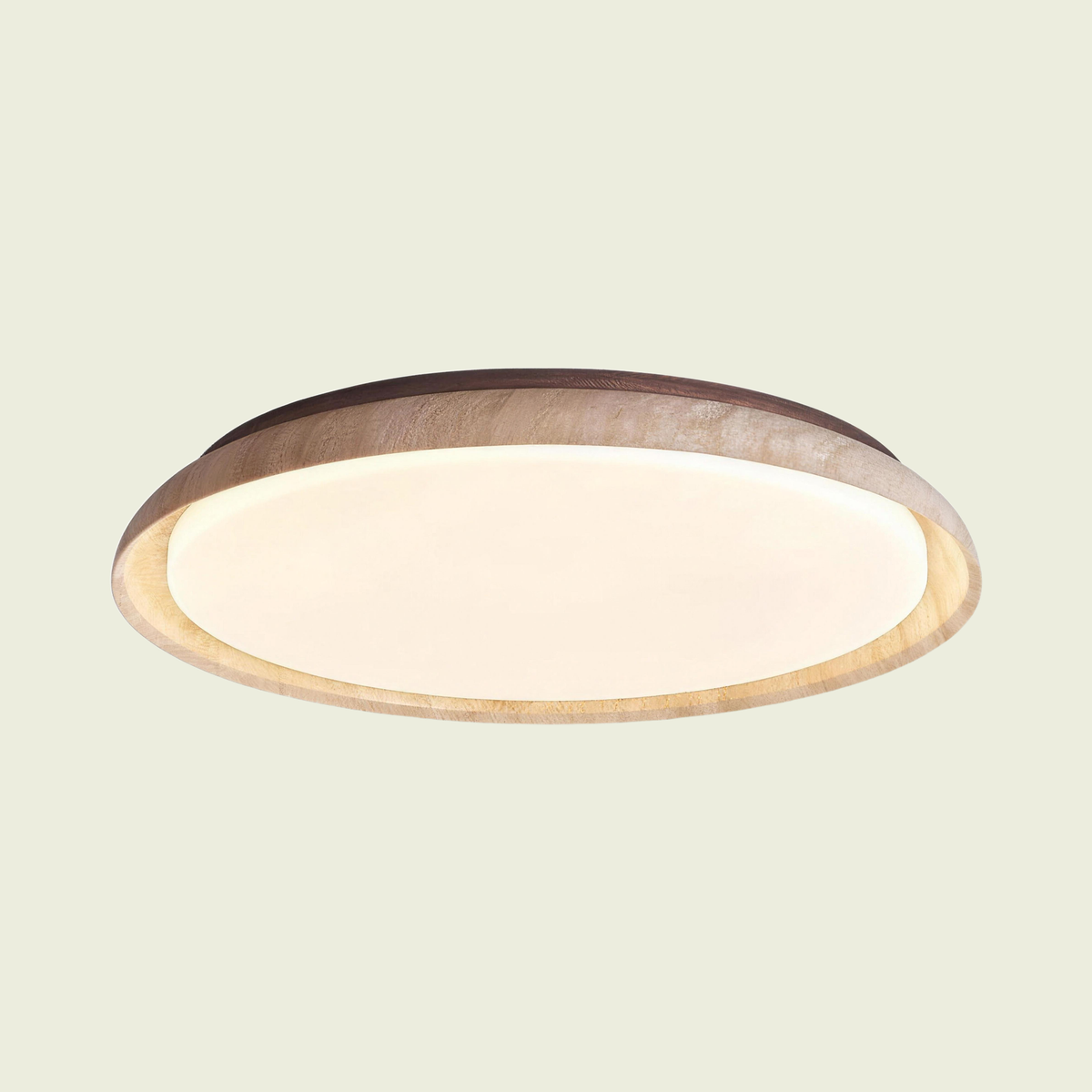Travertine wabi-sabi ceiling light with solid wood base, front view