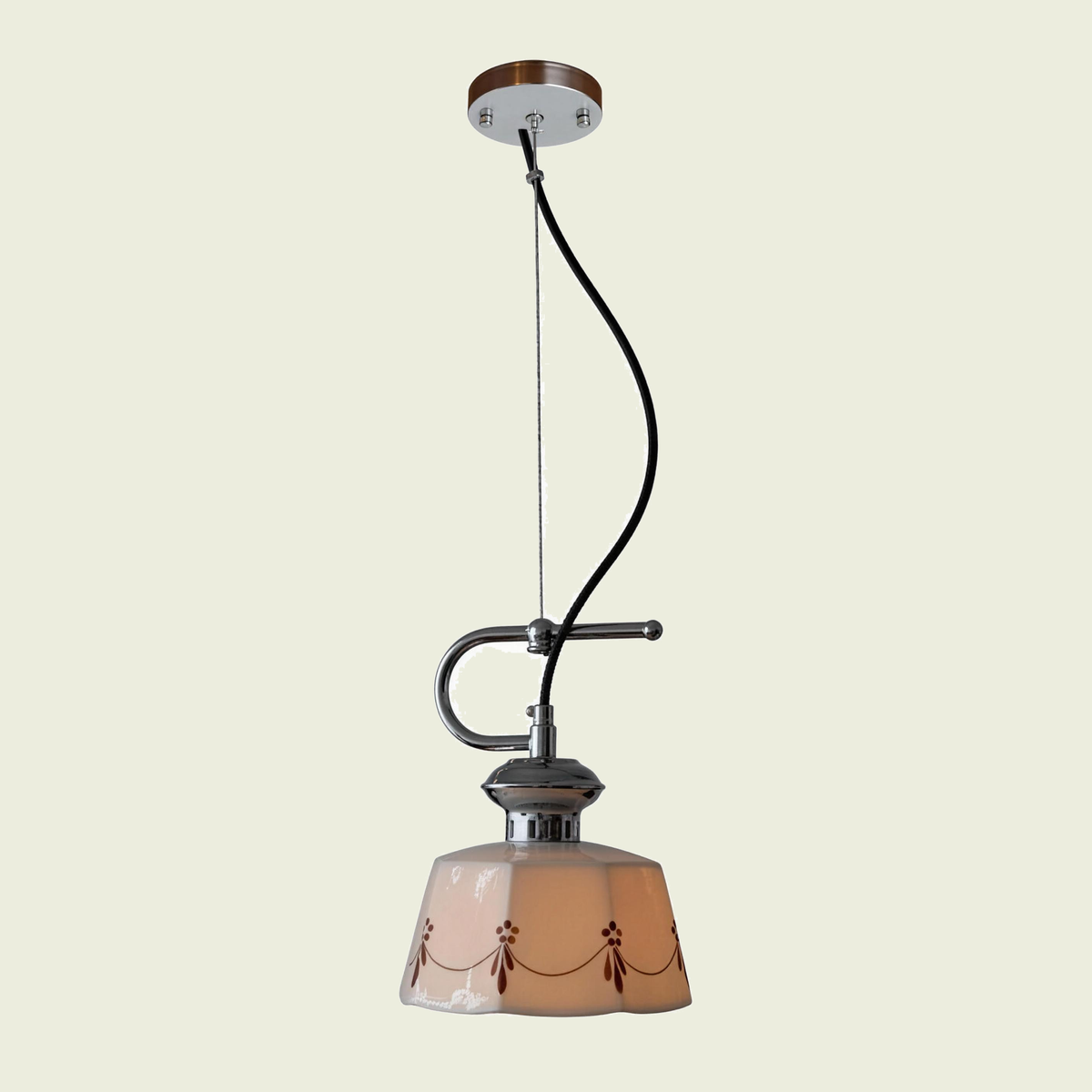 Hand-painted ceramic pendant light with chrome fittings, full drop from the canopy, front view