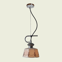 Hand-painted ceramic pendant light with chrome fittings, full drop from the canopy, front view