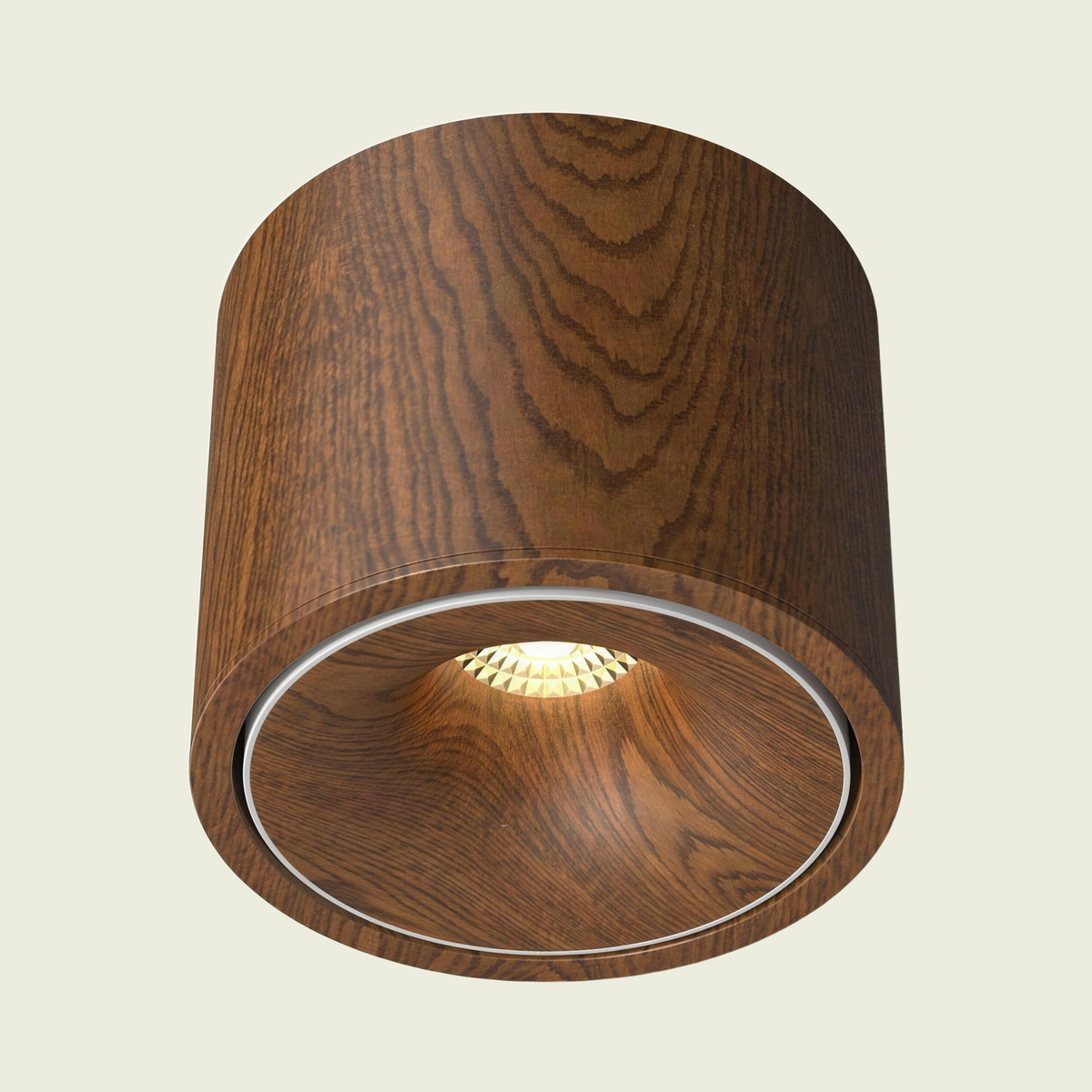 Walnut wood-grain surface spotlight, front view