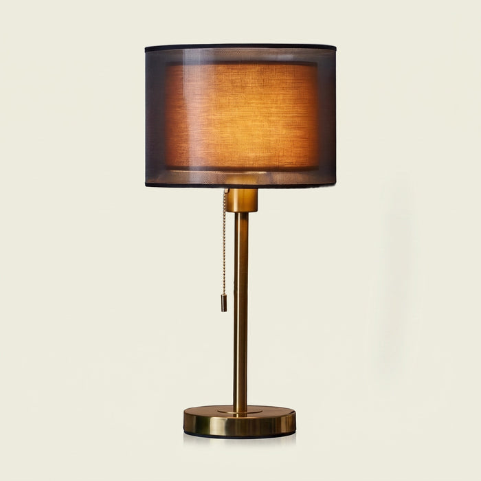 Double Shade Bedside Lamp, brass stem, coffee inner shade, lit