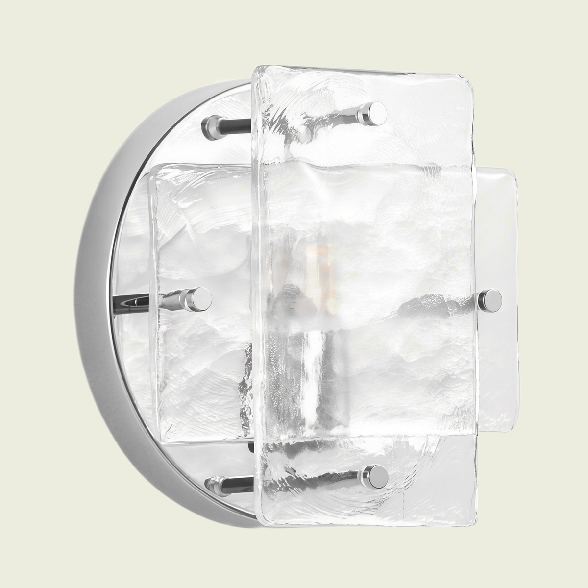 Ice-pattern glass wall sconce with polished chrome backplate, front view