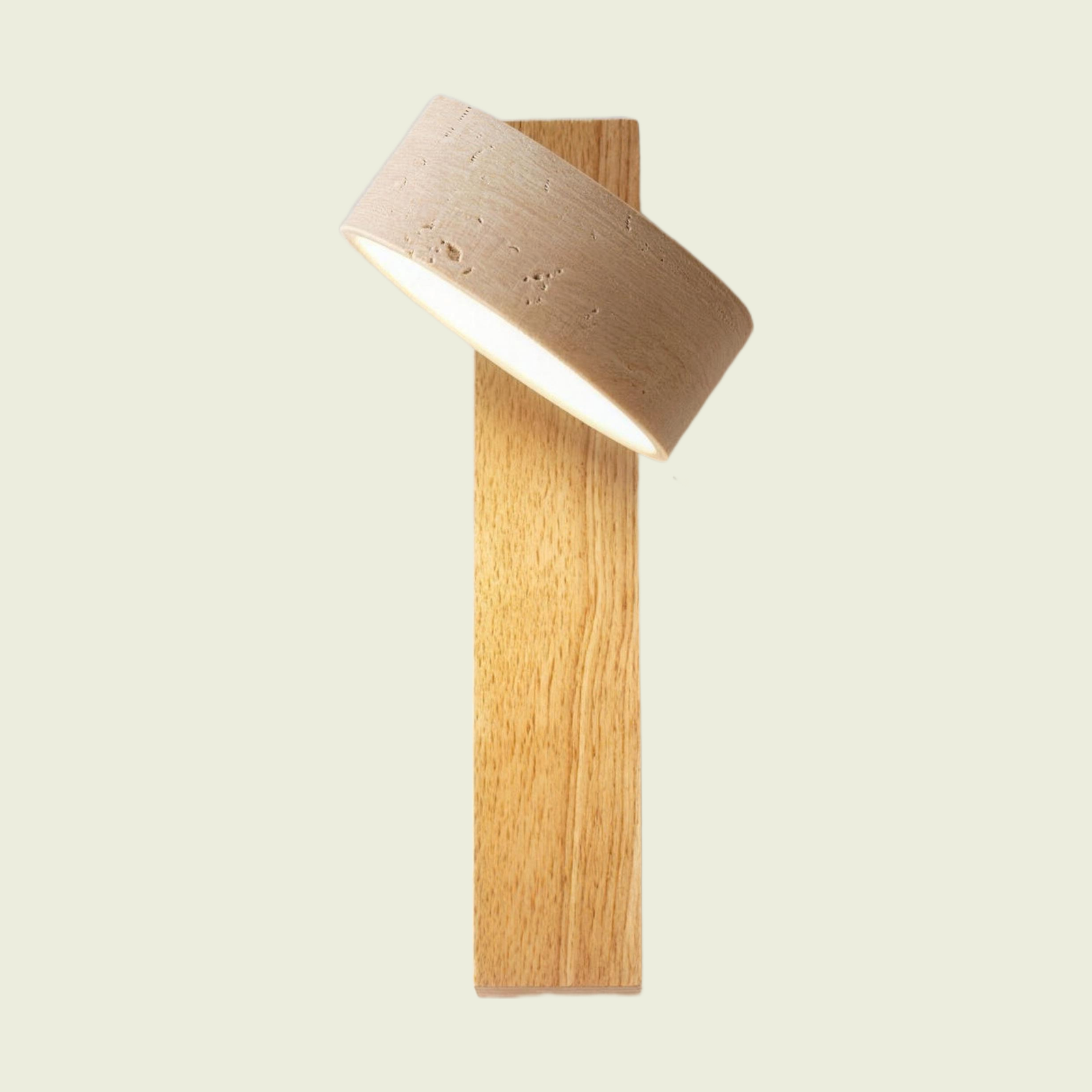 Travertine Wall Sconce cylinder head, natural wood arm, natural stone