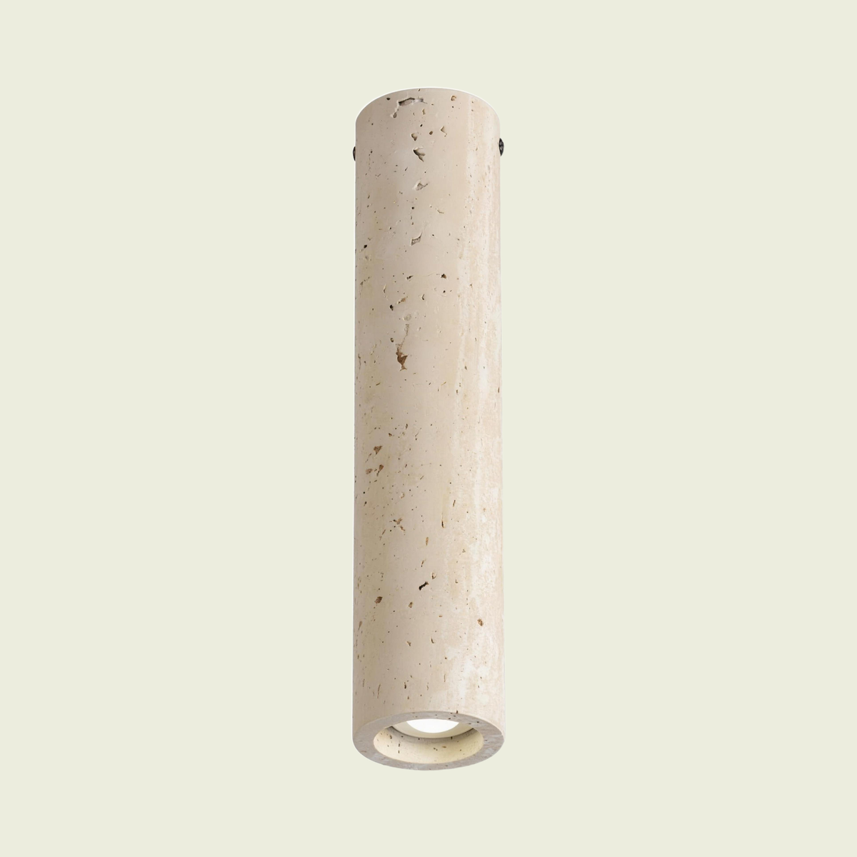 Large travertine cylinder ceiling light, front view