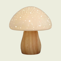Ceramic Mushroom Table Lamp, natural wood base, perforated dome lit