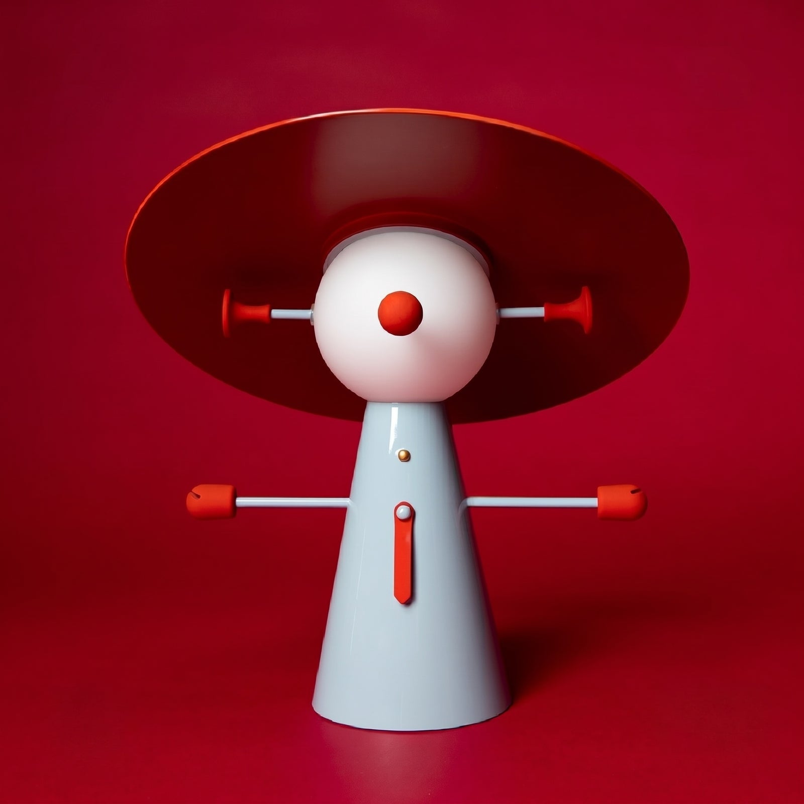 Rechargeable touch bedside lamp in Red and Blue — figural design with wide red disc shade