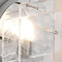 Ice-pattern glass wall sconce, close-up of the rippled cast glass and chrome standoff pins