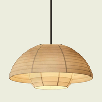 Woven linen dome pendant light close up, the lit inner tier and its downward spotlight
