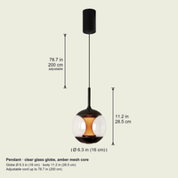 Clear glass globe pendant dimensions: globe 6.3 in (16 cm), adjustable cord