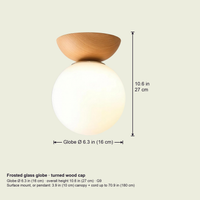 Japanese wood ceiling light dimensions: globe 6.3 in (16 cm), 10.6 in (27 cm) height