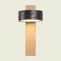 Travertine Wall Sconce cylinder head, natural wood arm, black stone