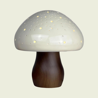 Ceramic Mushroom Table Lamp, walnut base, perforated dome lit