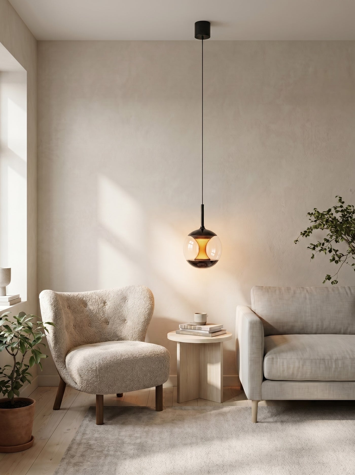 Clear glass globe pendant in a living-room reading corner, daytime