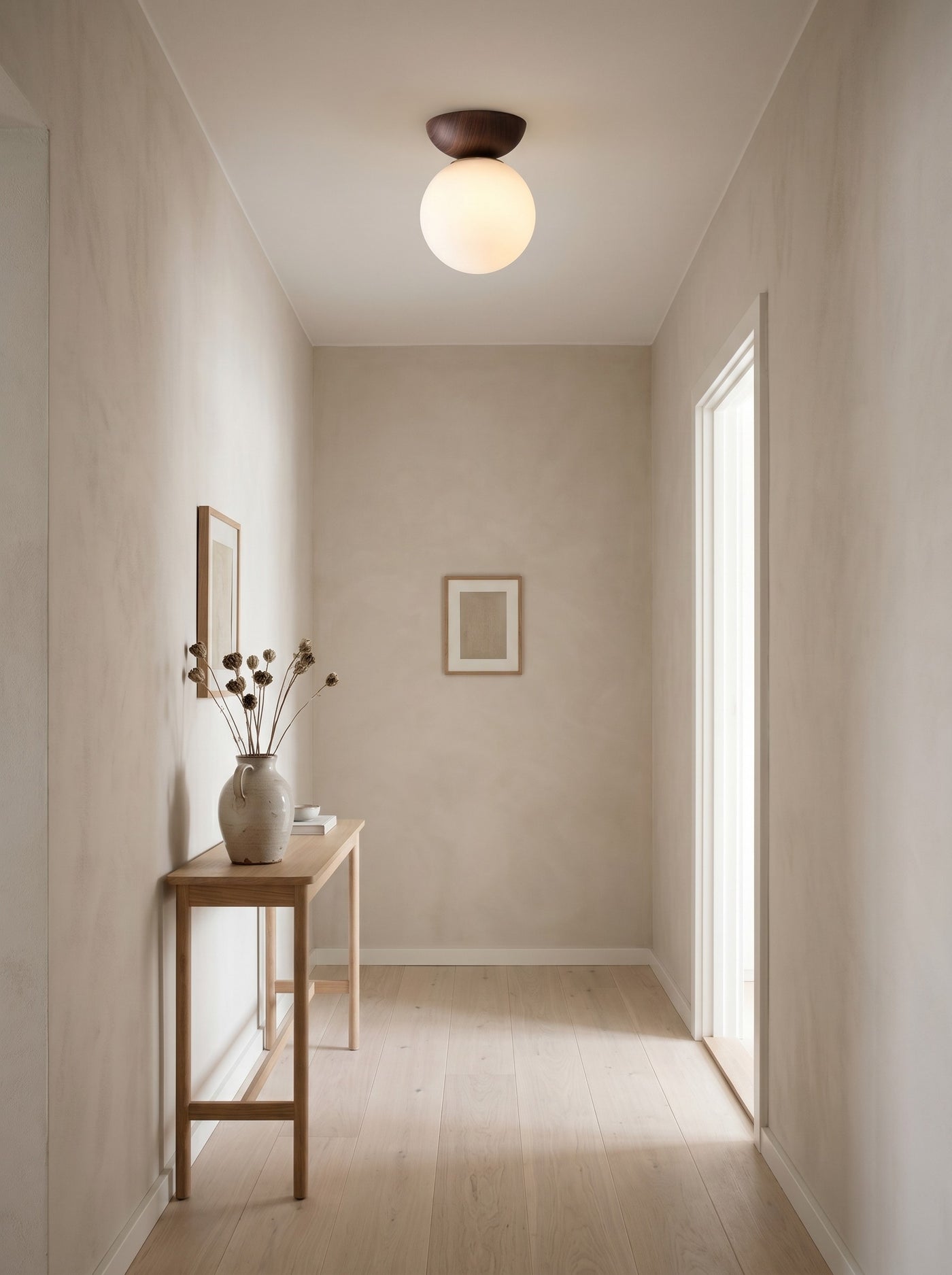 Japanese wood ceiling light in a hallway, daytime