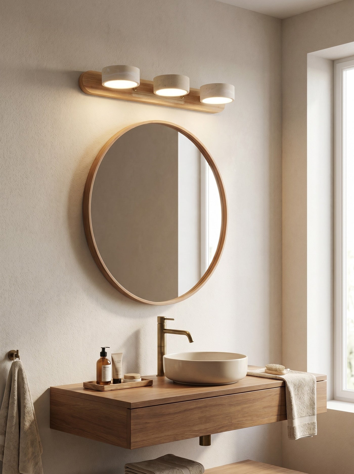 Travertine mirror sconce above a bathroom mirror, daytime