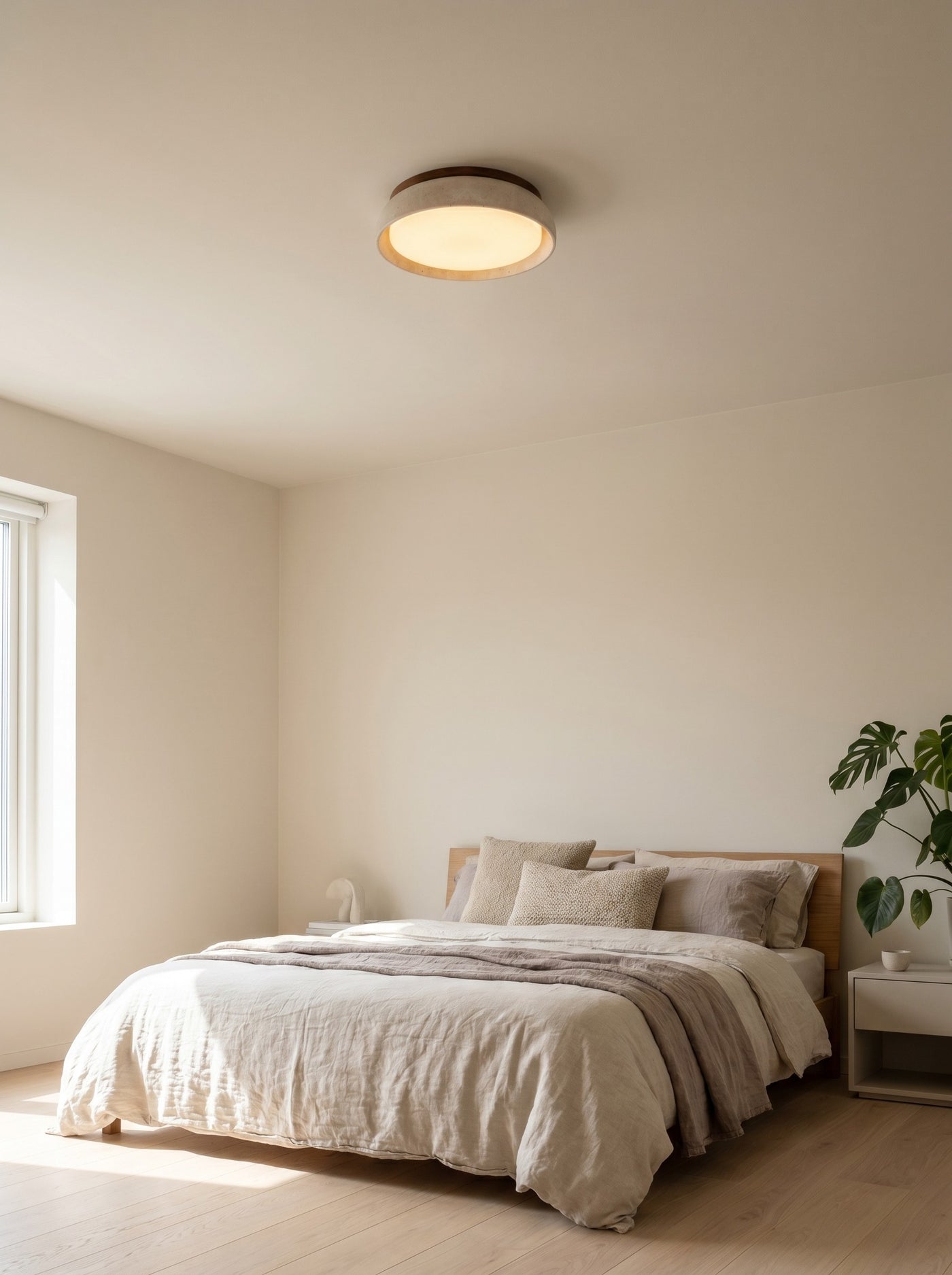 Wood frame ceiling light flush on a bedroom ceiling, daytime