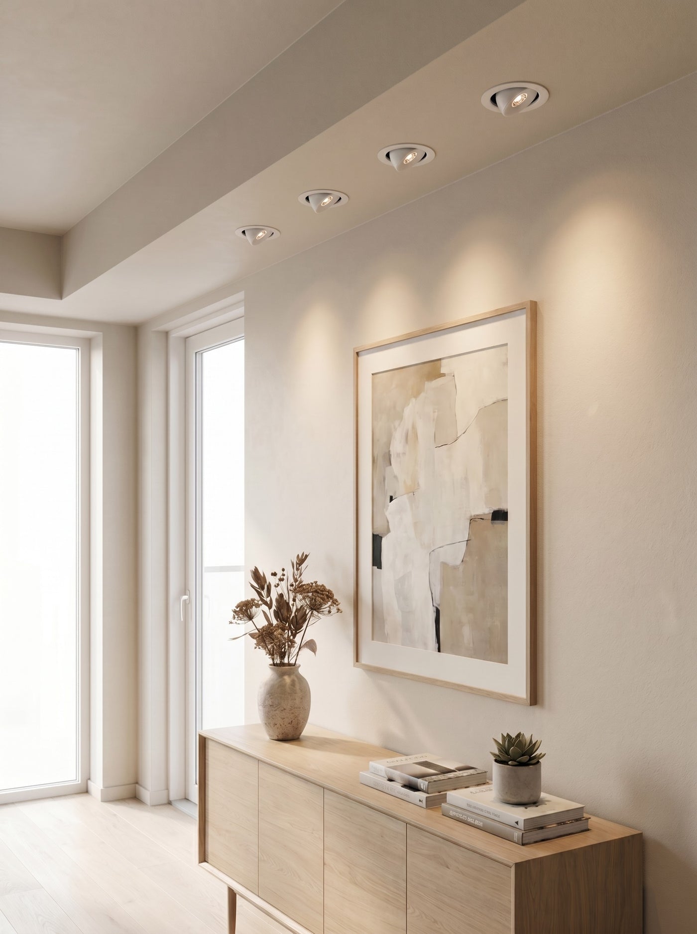 Recessed COB spotlights accenting a wall and artwork, daytime