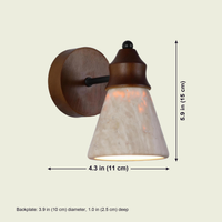 Travertine Wall Sconce dimensions: 4.3 in (11 cm) projection, 5.9 in (15 cm) high, Backplate: 3.9 in (10 cm) diameter, 1 in (2.5 cm) deep