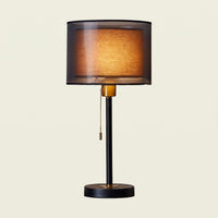 Double Shade Bedside Lamp, black stem, coffee inner shade, lit