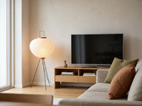 Rice paper globe floor lamp lit beside a TV console in a warm living room