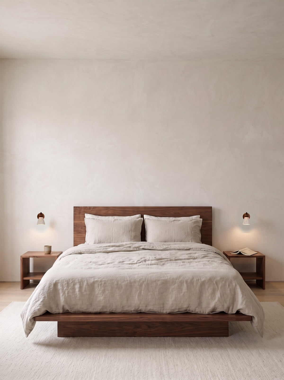 A pair of travertine wall sconces either side of a bed in a daylit bedroom