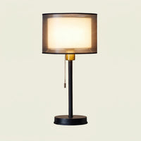 Double Shade Bedside Lamp, black stem, white inner shade, lit