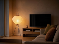 Rice paper globe floor lamp glowing as the main light in a dark living room