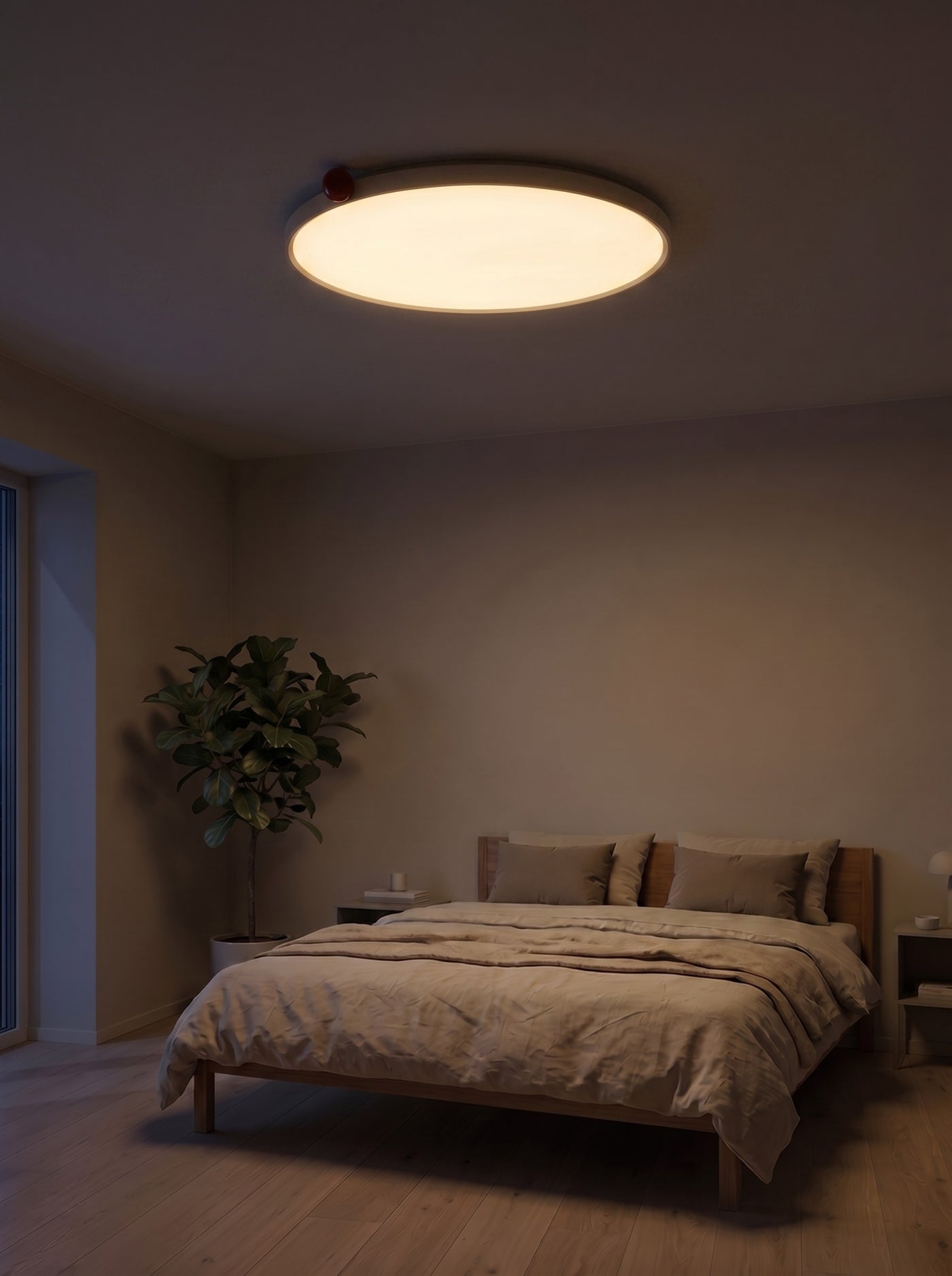 Ultra-slim ceiling light glowing over a bed at night