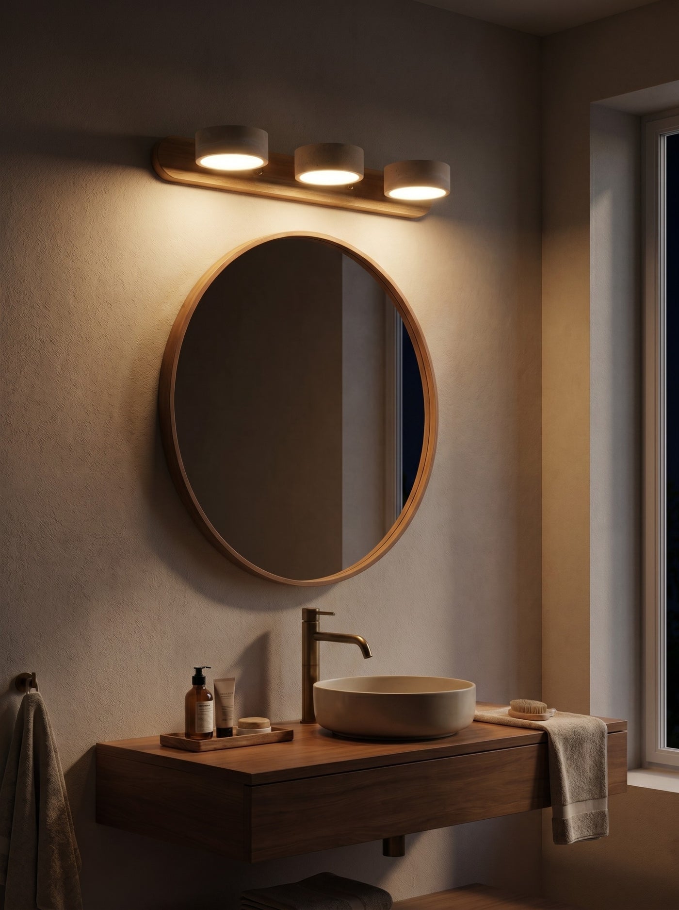 Travertine mirror sconce glowing above a bathroom mirror at night