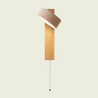 Travertine Wall Sconce cylinder head, natural wood arm, natural stone, beaded pull chain