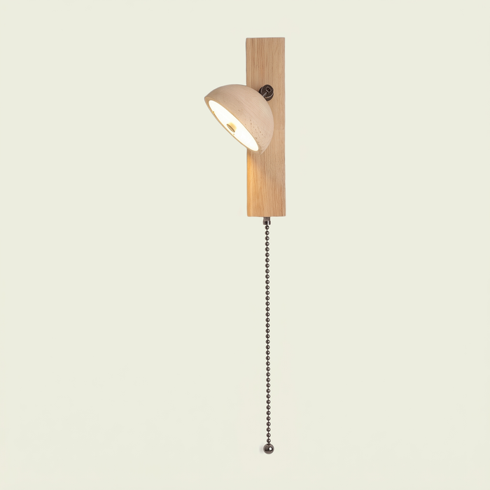 Travertine Wall Sconce dome head, natural wood arm, pull chain