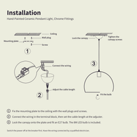 Hand-painted ceramic pendant light installation steps: fix the mounting plate, connect the wiring, lock the canopy and fit the bulb