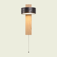 Travertine Wall Sconce cylinder head, natural wood arm, black stone, beaded pull chain