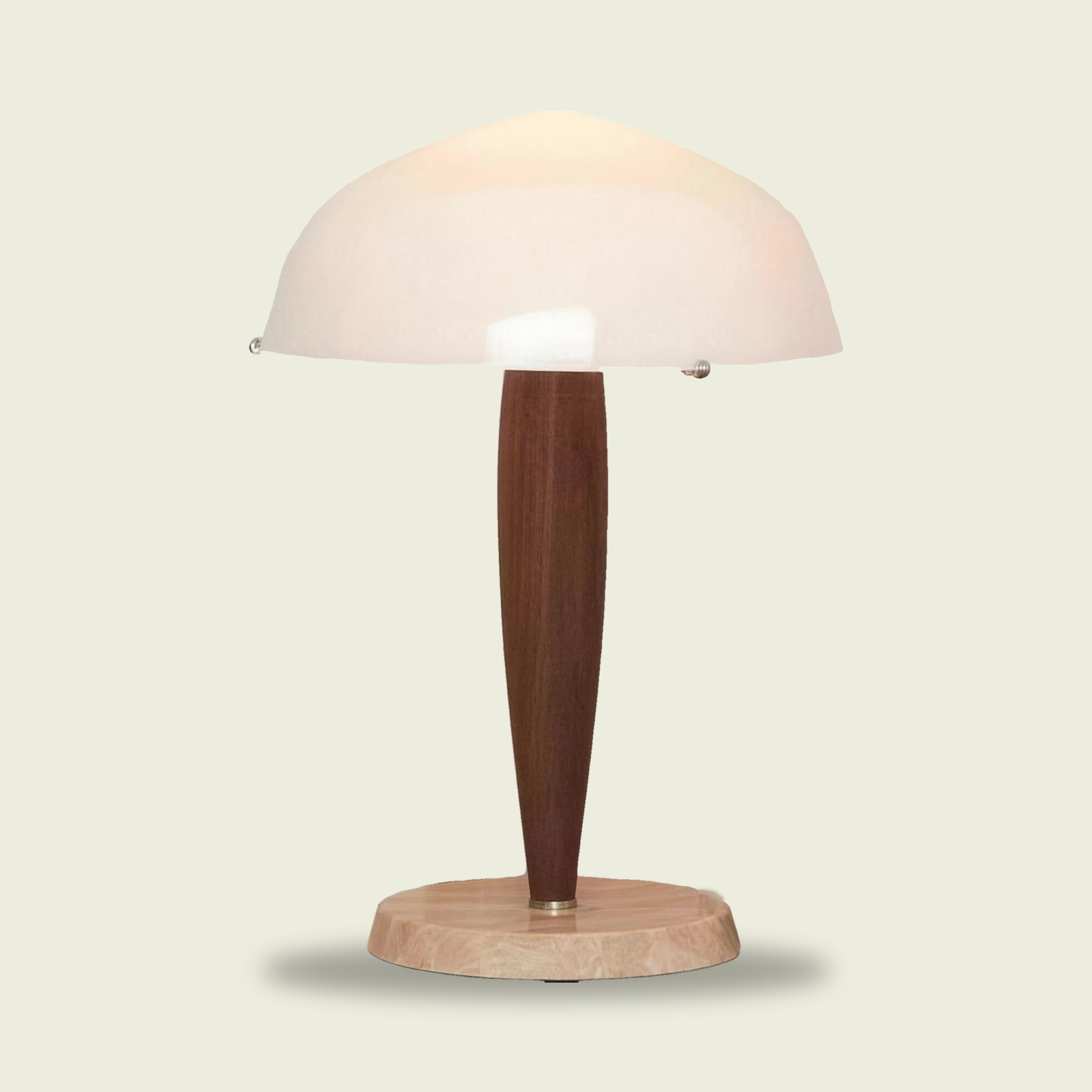 Opal glass dome table lamp — white glass dome, walnut stem, marble base