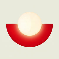Red iron half moon wall sconce with opal glass globe, front view