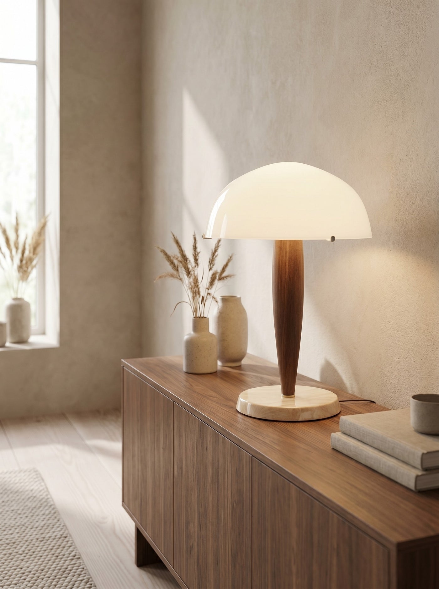 Opal glass dome table lamp glowing softly on a console in daylight