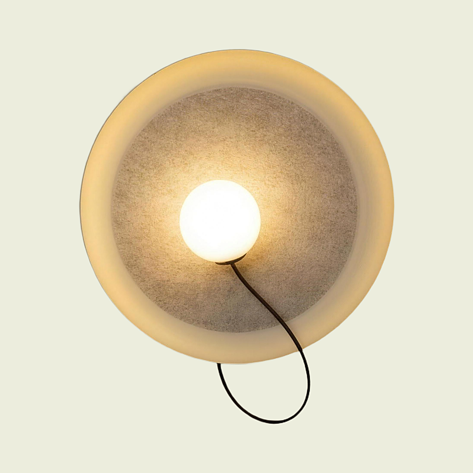 White fabric disc wall sconce with opal glass globe and grey felt shade, front view