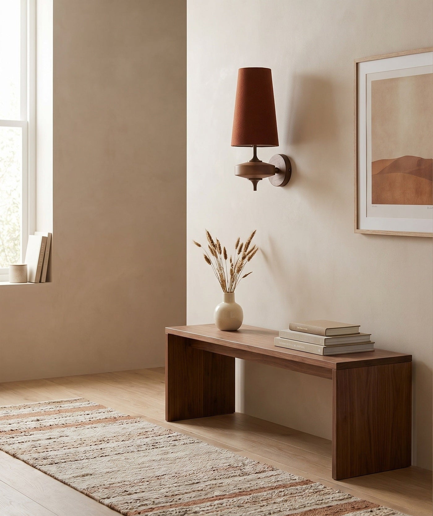 Red cloth cone wall sconce in a daylit hallway above a walnut bench