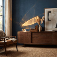 Warm feather light projection in a living room with framed art