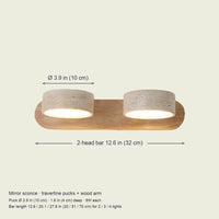 Travertine mirror sconce dimensions: puck 10 cm, bar 32/51/70 cm