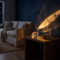 Projection lamp glowing at night as the room's main light source