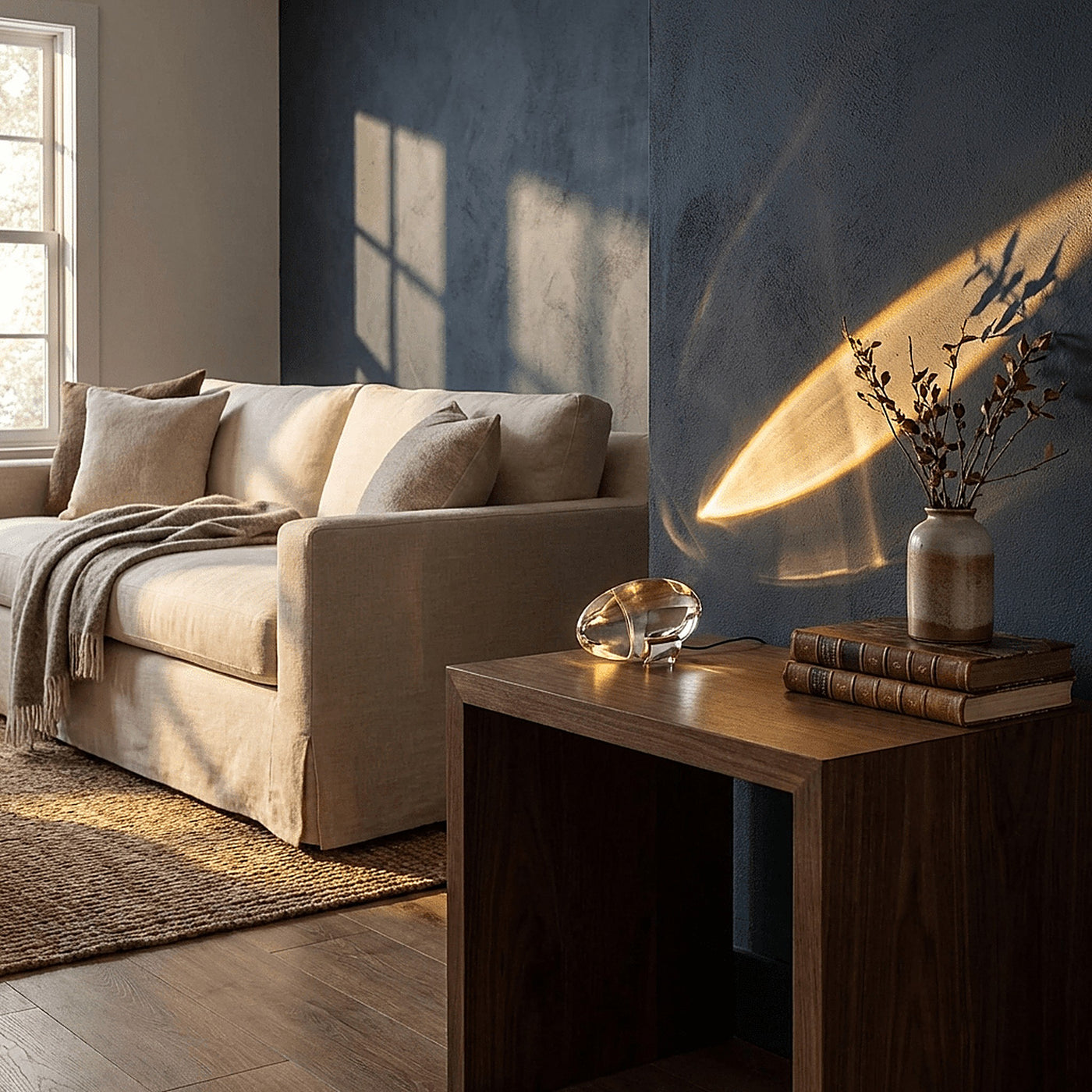 Projection table lamp styled in a daytime living room
