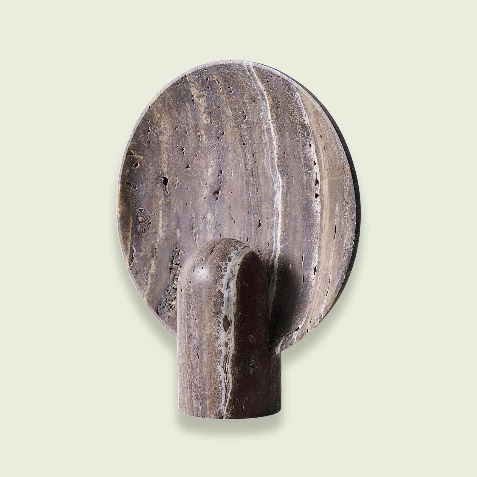Travertine disc table lamp — round natural stone disc on a cylindrical stone foot