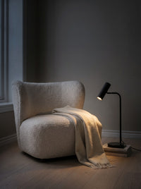 Black spotlight floor lamp casting a warm reading pool at night