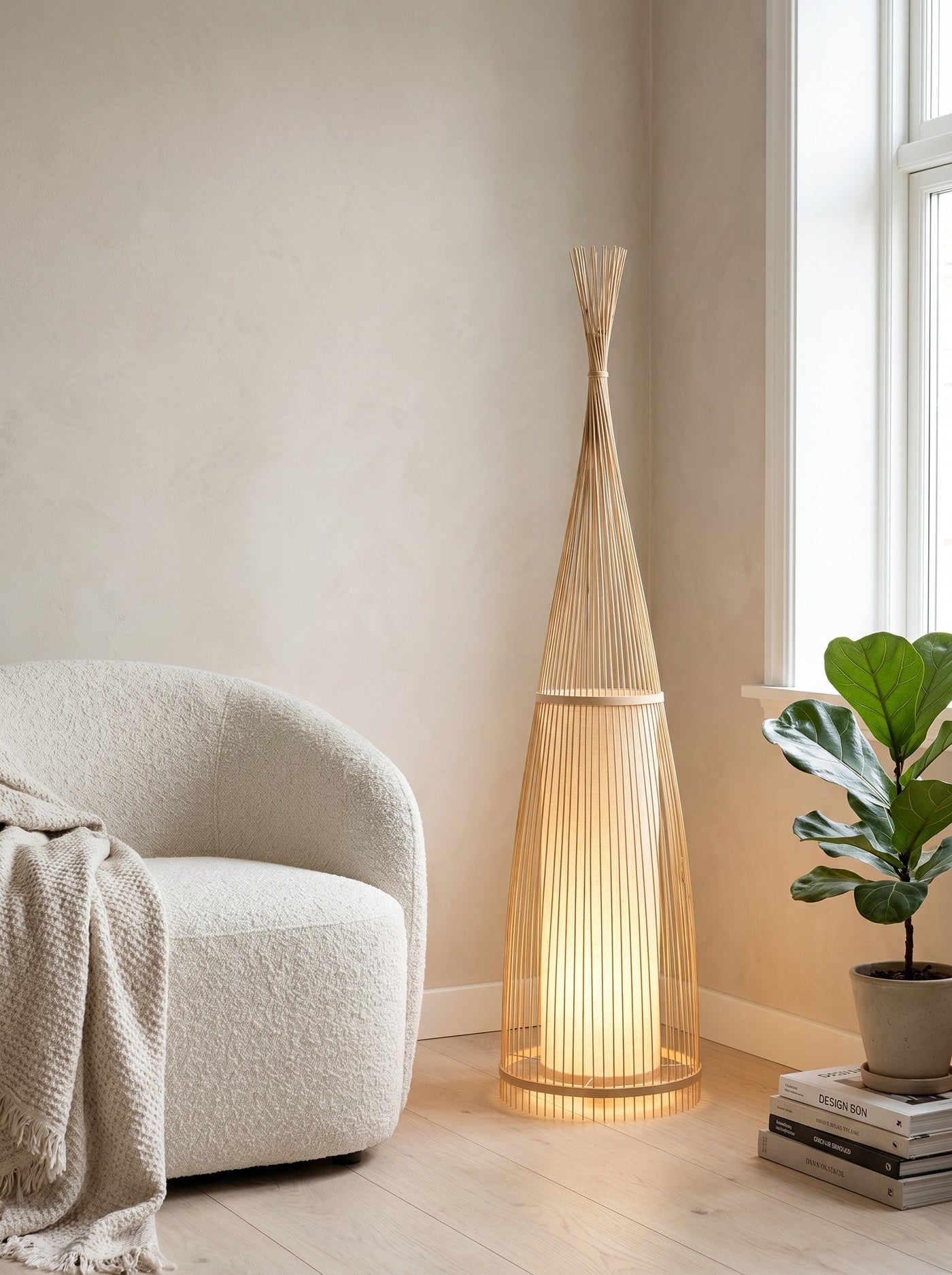 Woven bamboo floor lamp in a reading corner, daytime